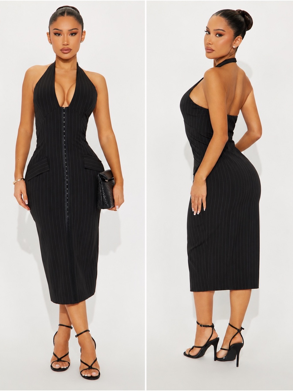 Fashion Nova Black Pinstripe Halter Midi Dress with Hook Closure